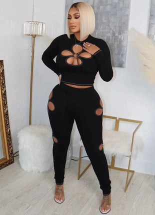 Women's Sexy 2-piece Long Sleeve Suit Jumpsuit Hollowed Out Design High Waist Leggings Suit