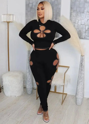 Women's Sexy 2-piece Long Sleeve Suit Jumpsuit Hollowed Out Design High Waist Leggings Suit