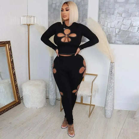 Women's Sexy 2-piece Long Sleeve Suit Jumpsuit Hollowed Out Design High Waist Leggings Suit