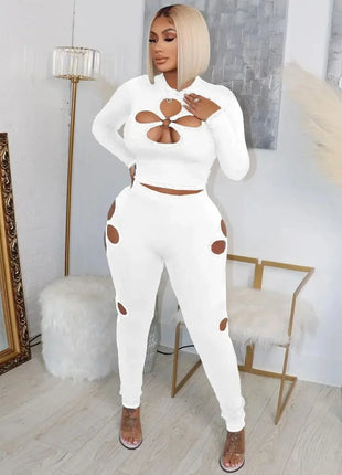 Women's Sexy 2-piece Long Sleeve Suit Jumpsuit Hollowed Out Design High Waist Leggings Suit