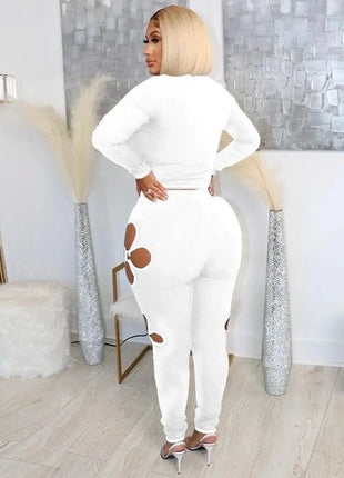 Women's Sexy 2-piece Long Sleeve Suit Jumpsuit Hollowed Out Design High Waist Leggings Suit