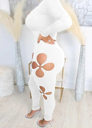 Women's Sexy 2-piece Long Sleeve Suit Jumpsuit Hollowed Out Design High Waist Leggings Suit