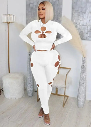 Women's Sexy 2-piece Long Sleeve Suit Jumpsuit Hollowed Out Design High Waist Leggings Suit